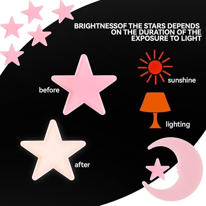100 Stars and 1 Moon Glow in The Dark Luminous Fluorescent 3D Plastic Glow Stars Moon for Ceiling, Glowing Wall Stickers Create a Realistic Starry Sky, Room Decorations (Pink)-Ruum Studio Home