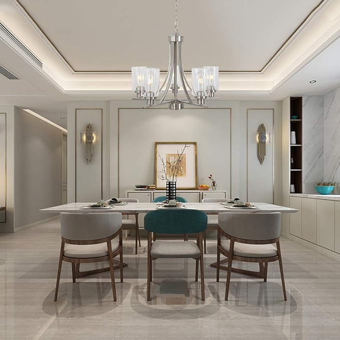 BONLICHT Traditional Chandelier Lighting 5 Light Brushed Nickel Modern Light Fixtures Hanging Pendant Lighting with Clear Glass Shade Classic Ceiling Lights for Kitchen Dining Room Living Room Island-Ruum Studio Home