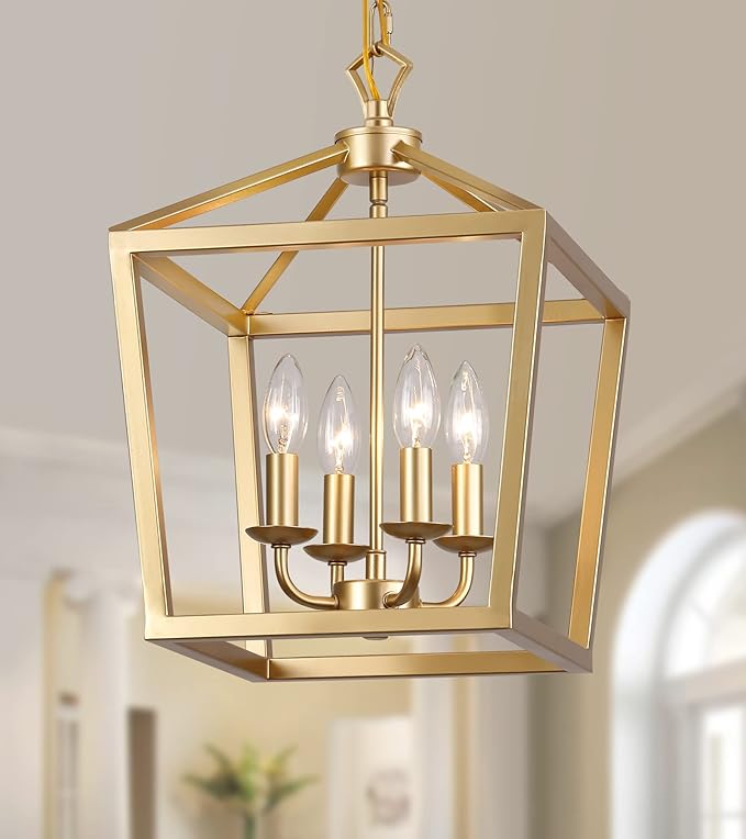 AMZASA Gold Lantern Chandelier Hanging Pendant Light Fixture 4-Lights for Kitchen Island Dining Room Hallway Entryway Foyer UL Listed-Ruum Studio Home