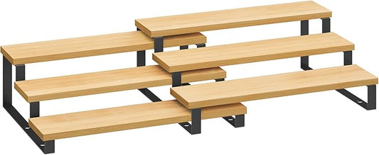 SONGMICS Display Risers, Set of 2 Engineered Wood Perfume Organizer Stand, 3-Tier Cupcake Stand Holder, Spice Rack, Shelf Risers for Figures, Dessert Shelves, Natural Beige and Ink Black UKCS016N01