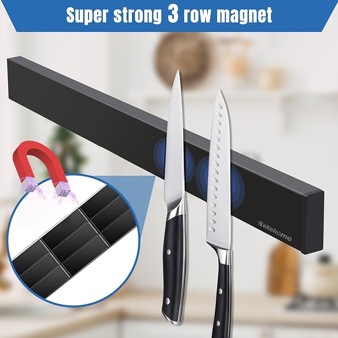 Magnetic Knife Holder for Wall 17 Inch, No Drilling black knife magnetic strip with 3 Hooks, Strong Magnet Knife Holder strip, Magnetic Knife Rack Bar for Kitchen Knives and Tools-Ruum Studio Home