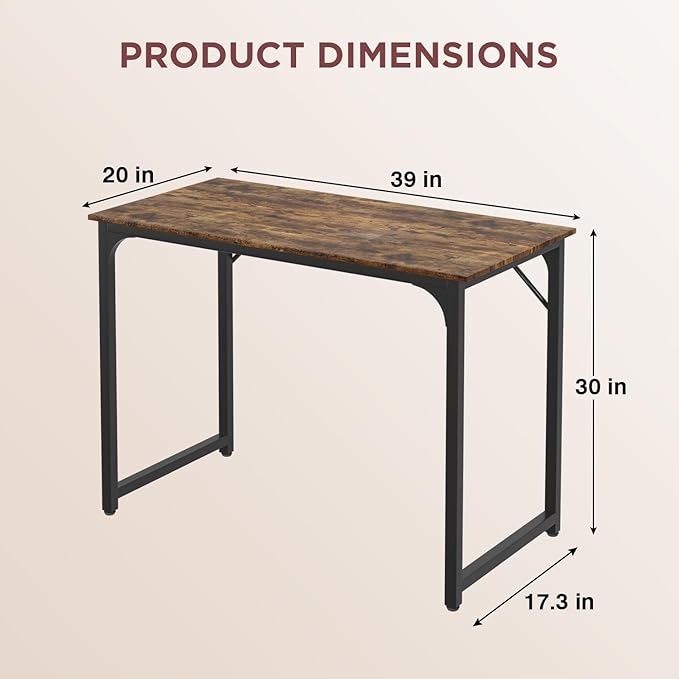 PayLessHere | 39 Inch Computer Desk | Brown | Office Desk with Metal Frame, Adjustable Feet | Water-Resistant, Scratchproof Surface | Sturdy Writing Table for Home Office or Study | Pack of 1-Ruum Studio Home