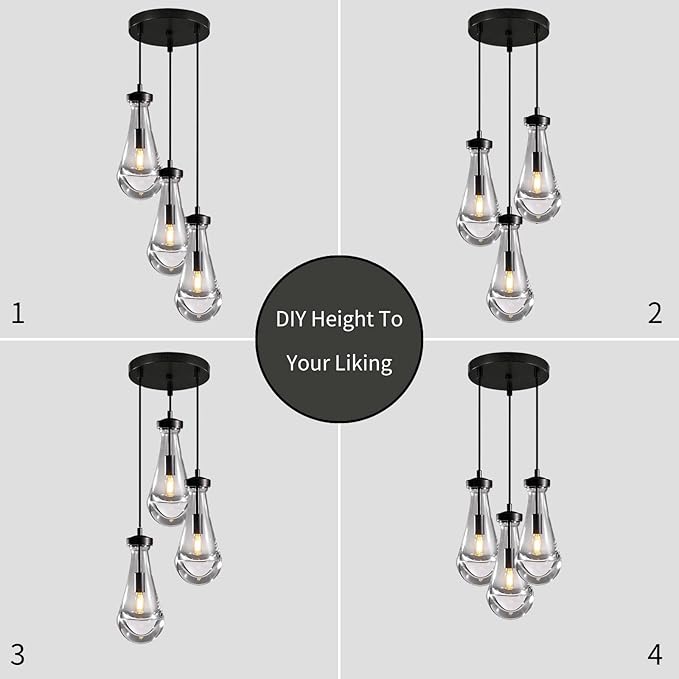 Bronze 3 Light Pendant Lighting, Raindrop Pendant Lights, Black Adjustable Hanging Rope Cluster Pendant Lighting Over Kitchen Island, Teardrop Glass Chandelier Dining Room Light Fixture-Ruum Studio Home