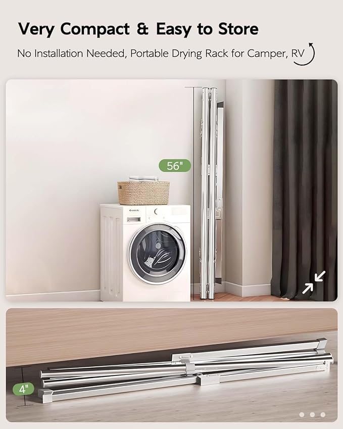 Clothes Drying Rack 95 Inches Folding Outdoor Indoor, Drying Rack Clothing Collapsible, Foldable Laundry Drying Rack, Heavy Duty Stainless Steel Clothesline, 20 Hooks 12 Clips-Ruum Studio Home