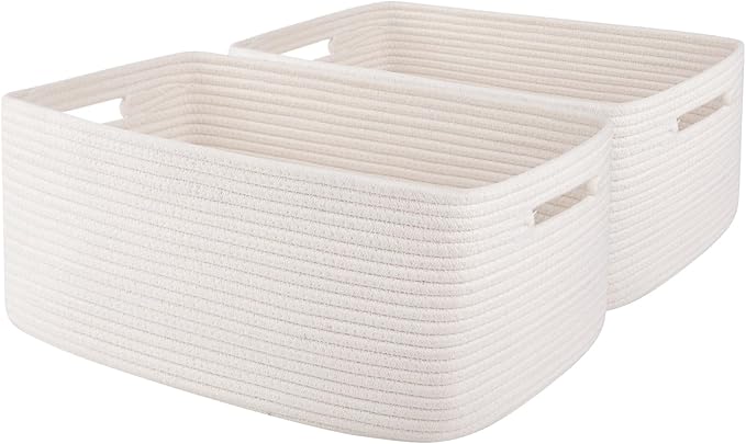 OIAHOMY Storage Basket for Shelves, Closet Cube Storage Bins Baskets for Clothes Blanket Towels, Baby Nursery, Toy Baskets Box, Woven Rope Basket, 17.72*12.99*7.87 IN, 2 Packs White-Ruum Studio Home