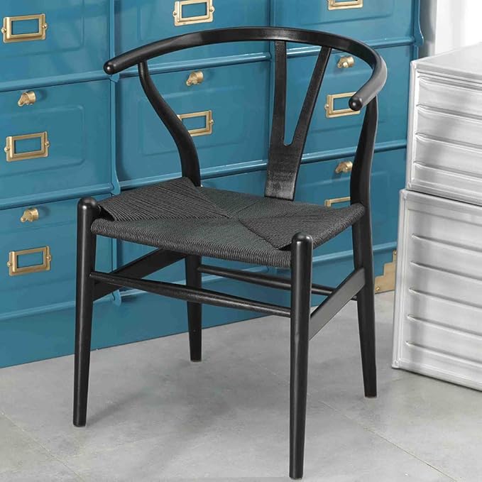 Wishbone Chair, Solid Wood Armrest Woven Seat Chair, Kitchen & Dining Chair, Wishbone Y Black Chairs - Set of 2 (Ash Wood - Black)-Ruum Studio Home
