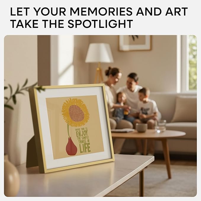 Homeforia Square 10x10 Gold Frame, High End Metal 10 by 10 Picture Frames with Mat 8 x 8, 10by10 Thin Poster Frame Matted to 8x8 inch Photo, Wall or Tabletop Frames, Tempered Glass, Wall Kit, Set of 1-Ruum Studio Home