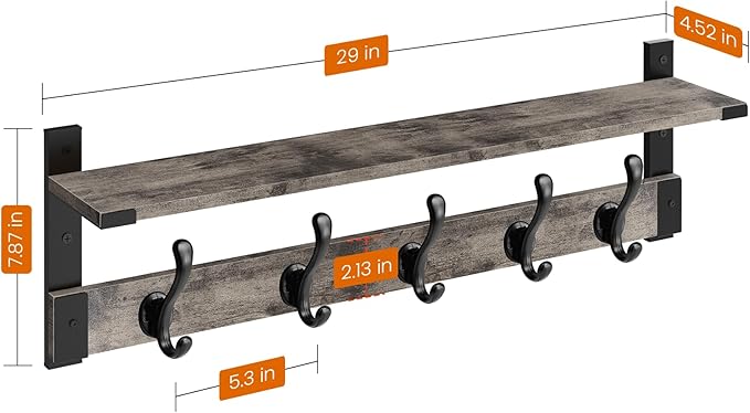 Homode Coat Rack Wall Mount with Shelf, 29 Inch Wood Wall Shelf with Hooks, Entryway Coat Hanger Wall Mount with 5 Hangers for Bathroom, Bedroom, Living Room, Grey-Ruum Studio Home