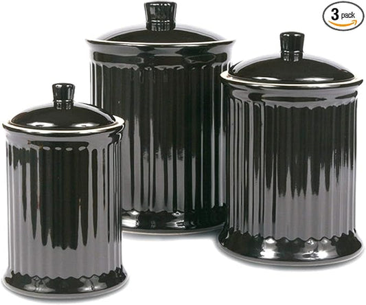 Omniware Simsbury 3-Piece Canister Set - Stoneware Kitchen Storage with Silicone-Sealed Lids, Lead-Free Glaze & Dishwasher Safe - Rustic Farmhouse-Style Flour & Sugar Containers (Black)-Ruum Studio Home