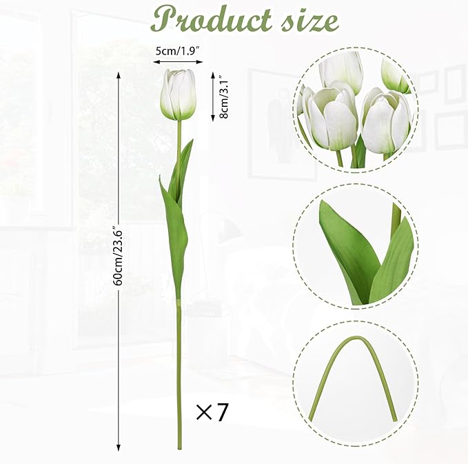 Artificial Tulips Flowers – 24" Long Stem Faux Tulips, 7PCS Real Touch Fake White Tulip for Vase, Farmhouse, Kitchen, Spring & Wedding Home Decor-Ruum Studio Home