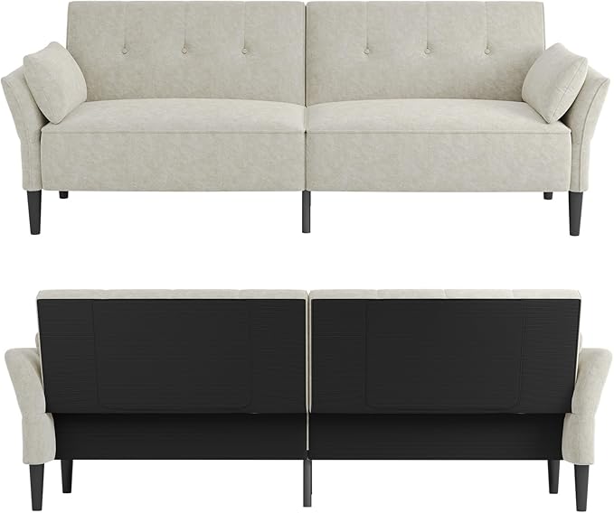 89” Futon Sofa Bed, Comfy Futon Couch Bed with 2 Square Pillows, Convertible Sleeper Sofa with Adjustable Backrest& Armrests, Modern Loveseat Sleeper for Living Room, Bedroom, White-Ruum Studio Home