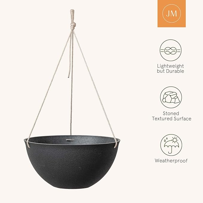LA JOLIE MUSE Hanging Planters for Outdoor Plants, Large Hanging Planter with Drain Holes, Black Hanging Flower Pots (13.2 Inch, Set of 2)-Ruum Studio Home