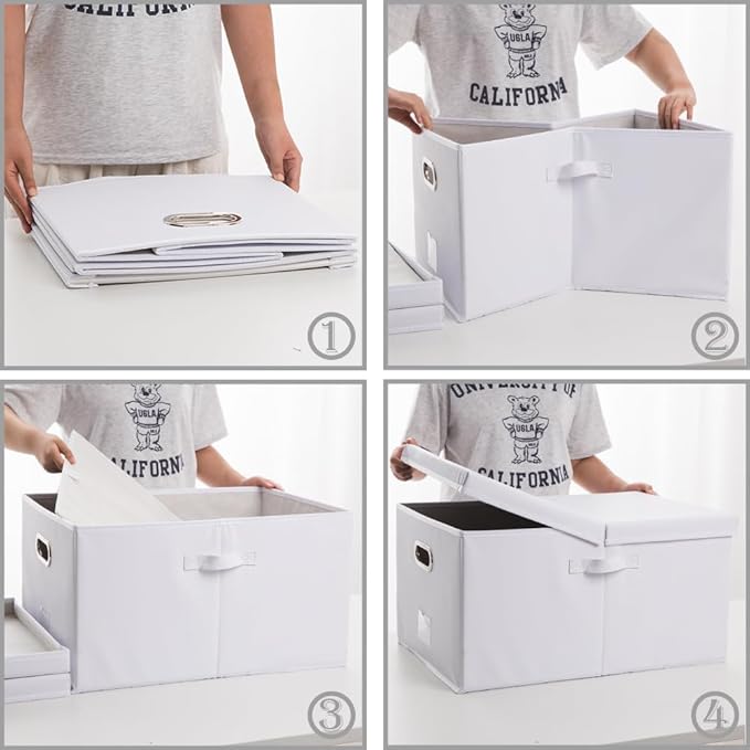 PRANDOM Collapsible Storage Box with Lid [3-Pack] Leather Fabric Foldable Storage Bin Organizer Container Basket Cube with Cover for Home Bedroom Closet Office Nursery White(22.8X15.7X11.8)-Ruum Studio Home