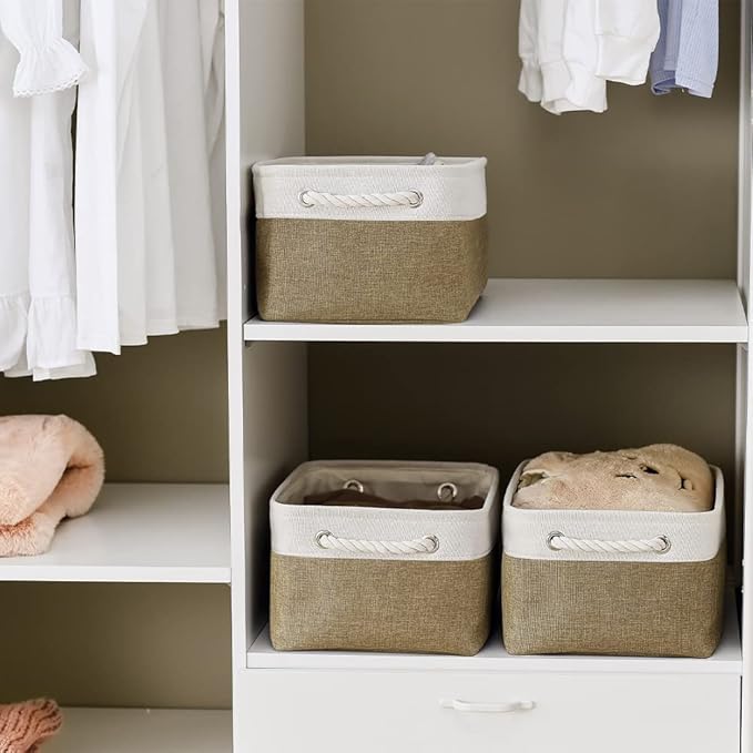 TheWarmHome Storage Basket for Shelves - 1 Pack 14x10x6.7 inch Collapsible Storage Bins Storage Boxes for Organizing for Laundry Closet Gift Cloth Nursery (Whiet & Khaki)-Ruum Studio Home