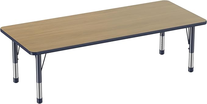 FDP Rectangle (30 x 72 inch) Classroom Table with Adjustable Chunky Toddler Legs (15-24 in); Preschool, Kinder and Daycare Furniture - Pasadena Oak Top/Navy Edge and Legs-Ruum Studio Home