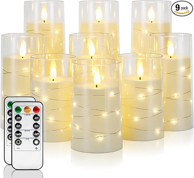 Homemory 9 Pcs Flameless Candles with Embedded Star String Fairy Lights, Battery Operated Candles, LED Candle, Fake Candles with Remote Control and Timer (Ivory)-Ruum Studio Home