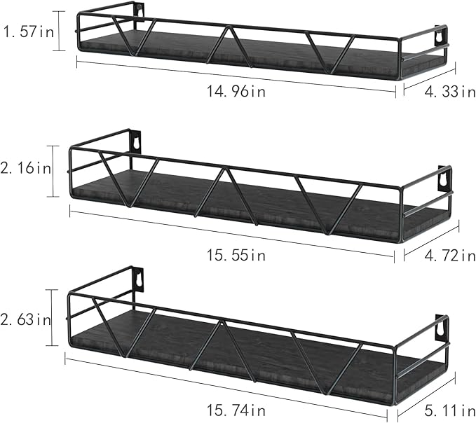 Floating Shelves Set of 3, Home Wood Wall Shelf, Farmhouse Shelf for Bedroom, Wall Mounted Floating Shelf for Living Room, Bedroom, Bathroom, Kitchen, Office (Black 2)-Ruum Studio Home