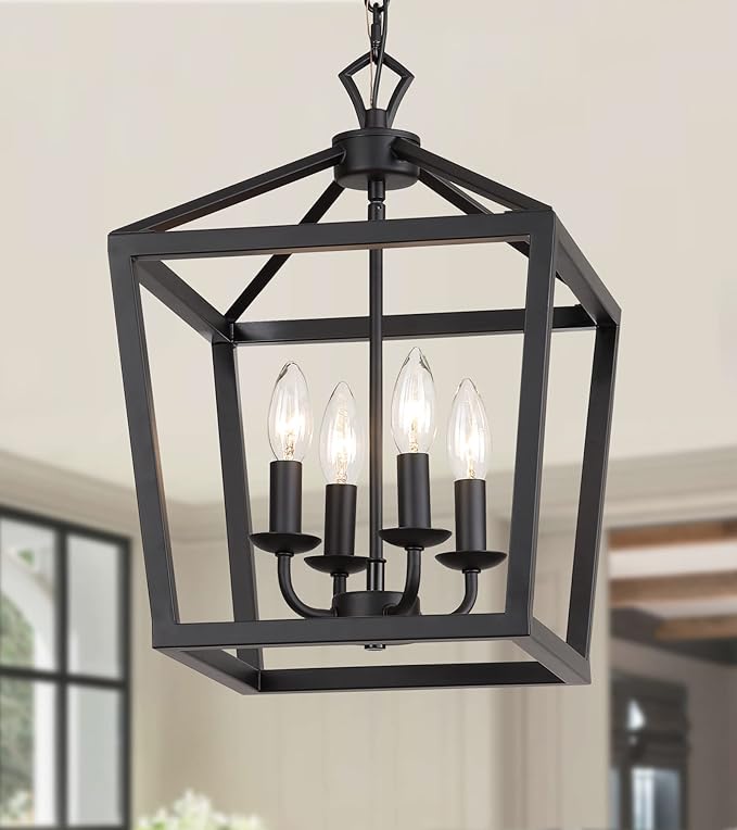 AMZASA Farmhouse Rustic Black Lantern Chandelier Hanging Light Fixture 4-Lights for Kitchen Island Dining Room Hallway Entryway Foyer UL Listed-Ruum Studio Home