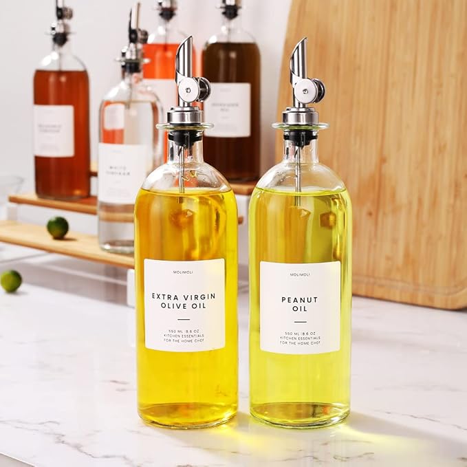 Molimoli Oil and Vinegar Dispenser with Metal Pour Spout, Weighted Pourer, Glass Bottle Dispenser for Kitchen, Olive Oil Cruet, Glass Olive Oil Bottle | 500ml, Set of 2-Ruum Studio Home