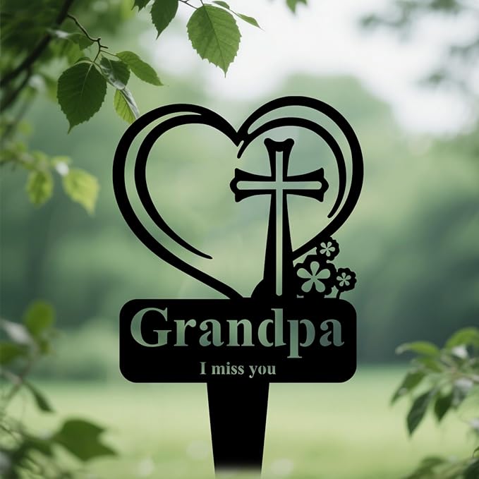 Grandpa Memorial Grave Stake, Cemetery Decorations for Grave Markers 12.5 x 7.2 inch Heart Metal Sympathy Stakes Graveside Plaque Decor Sign for Grandpa Graves, Yard, Garden - Black-Grandpa-Ruum Studio Home