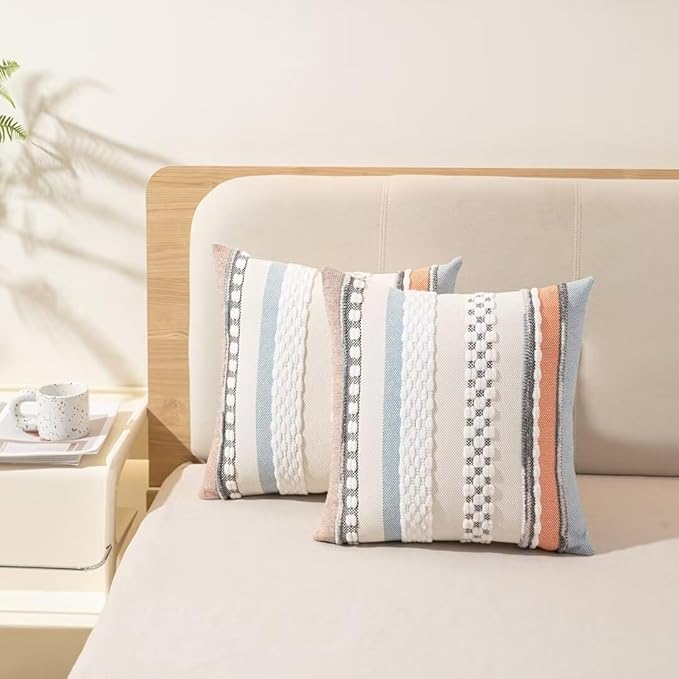 Boho Throw Pillow Covers 18x18 Set of 2 Farmhouse Decorative Cushion Case Striped Square Pillows Cover Chenille Pillow Cases Accent Neutral Pillowcase for Sofa Couch Bed,Orange-Blue-Ruum Studio Home