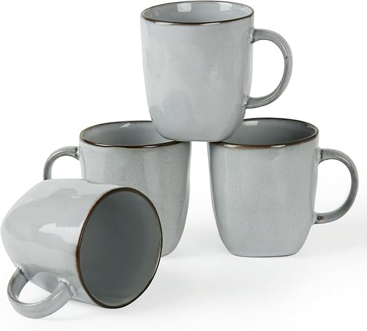 famiware Coffee Mugs Set of 4, Ocean Square 13oz Coffee Cup Set with Handle for Cocoa, Milk, Hot Chocolate, Tea, Water, Stoneware Cups for Kitchen, Microwave and Dishwasher Safe, Grey-Ruum Studio Home