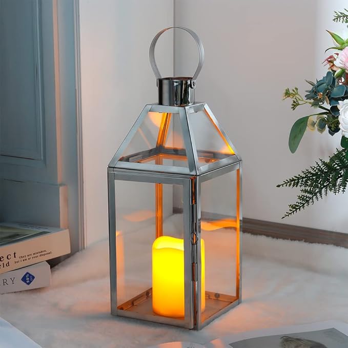 JHY Design Silver Decorative Lanterns 16inch High Stainless Steel Candle Lanterns with Tempered Glass for Indoor Outdoor Events Parities and Weddings-Ruum Studio Home