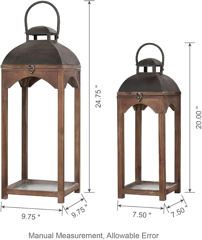 Glitzhome Set of 2 Mondern Farmhouse Wooden Lantern Hanging Decorative Candle Lanterns for Outdoor & Indoor Brown (No Glass)-Ruum Studio Home