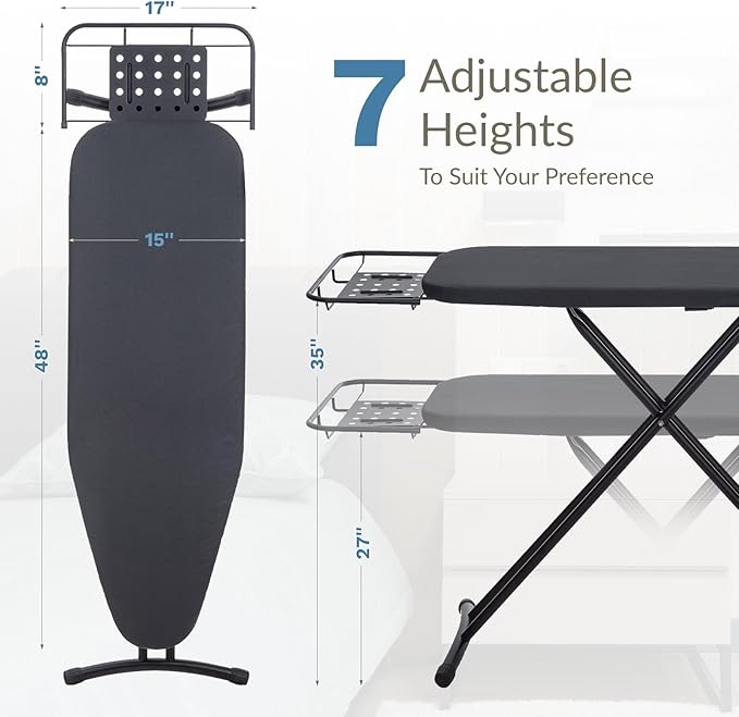 Ironing Board 48" x 15" with Retractable Iron Rest, RAINHOL Heavy Duty Full Size Iron Board, Sturdy Wide Frame with Thick Padding Cover, Height-Adjustable, Black-Ruum Studio Home