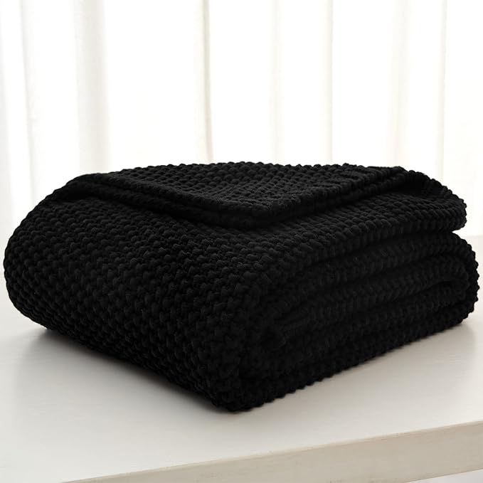Longhui bedding Chunky Cable Knit Throw Blanket Lightweight Black 100% Organic Cotton Blanket for Sofa Couch Bed Baby Nursery, Rustic Shabby Chic Modern Farmhouse, 60” x 80” Give Laundering Bag-Ruum Studio Home