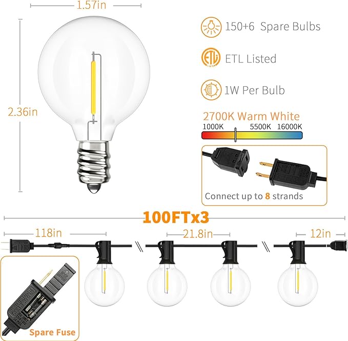 Svater Outdoor String Lights 300 FT, Patio Lights Outside with 156 G40 Shatterproof LED Bulbs, Waterproof Hanging Globe Lighting for Bistro Backyard Cafe Market, Warm White 2700K（3 x 100 FT）-Ruum Studio Home