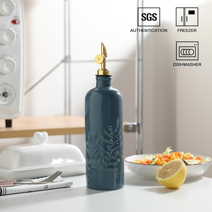 Sweejar 18 Oz Oil Dispenser for Kitchen with Gravity Spout, Ceramic Olive Oil Dispenser Bottle, Relief Opaque Vinegar Container for Evoo, Vinegar, Soy Sauce, Pack of 1(Fogbule, Gold Spout)-Ruum Studio Home