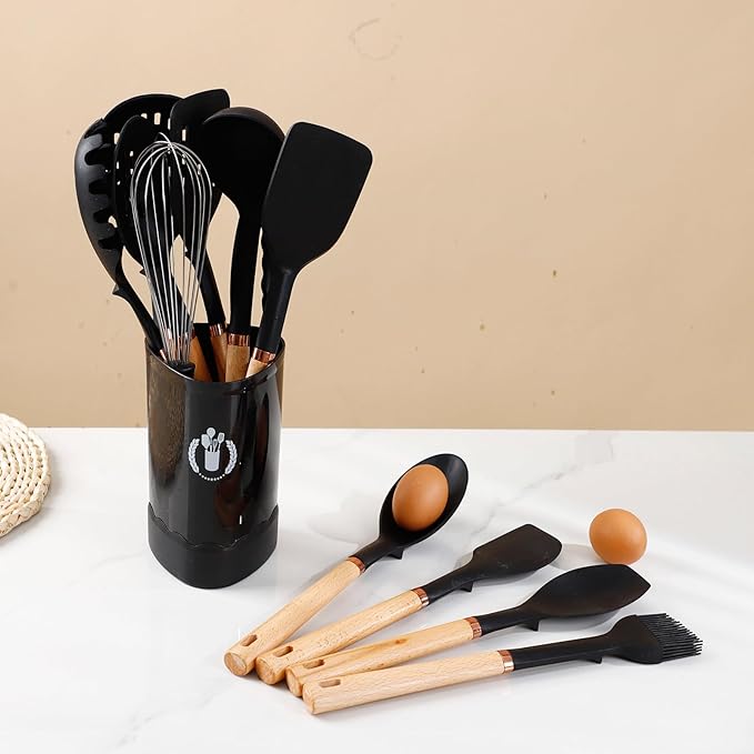 13-Piece silicone utensil set wood handle nonstick cookware safe dishwasher safe kitchen tools BPA free heat resistant (450°F/230°C) ceramic pan safe cooking gifts housewarming (Black)-Ruum Studio Home