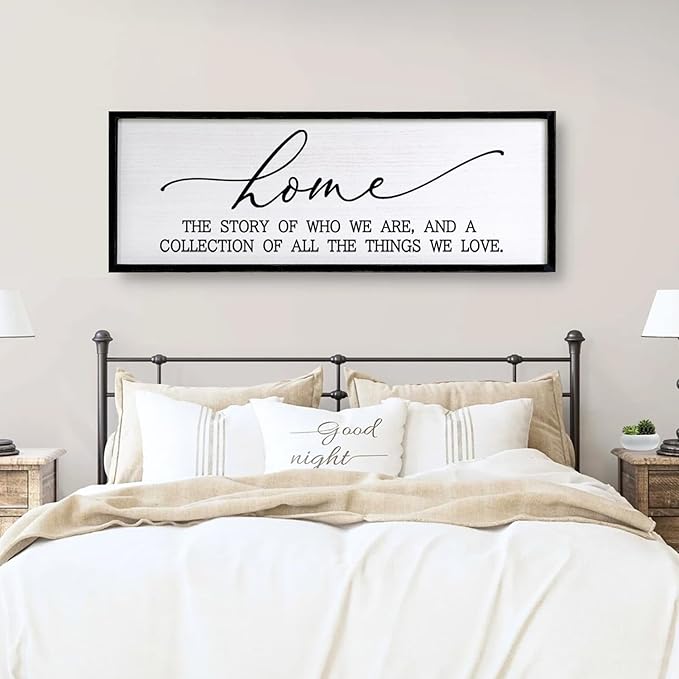 Home The Story of Who We Are Sign Farmhouse Family Wall Decor 32x12 Inch Plaque Wood Framed Art for Hanging (Black)-Ruum Studio Home