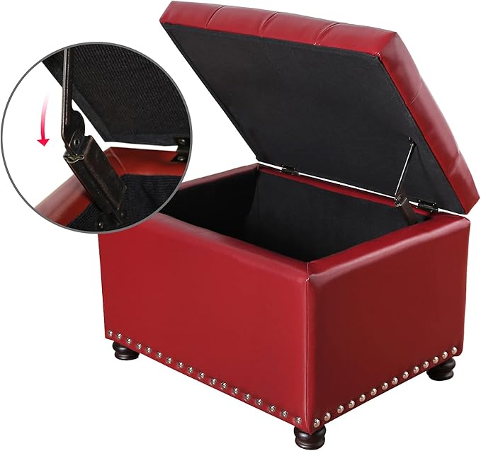 24'' Leather Storage Ottoman Rectangular Foot Rest Stool with Nailhead Trim for Bedroom Living Room(Red)-Ruum Studio Home
