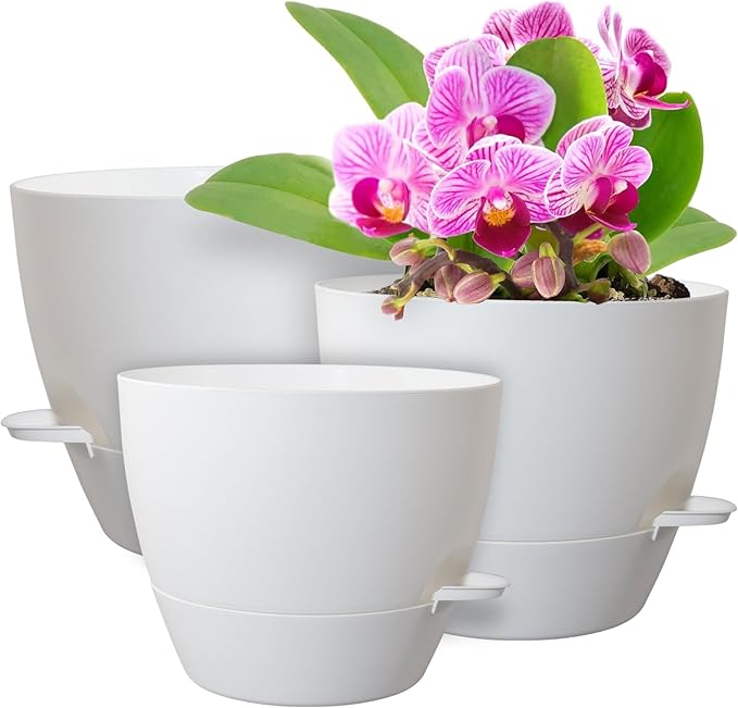 12/10/9 inch Large Self Watering Pots, Plant Pots with Mesh Drainage Holes for Indoor Outdoor Garden Plants, Flower Pots with Removable Deep Reservoir, Set of 3 Plastic Planters, White-Ruum Studio Home