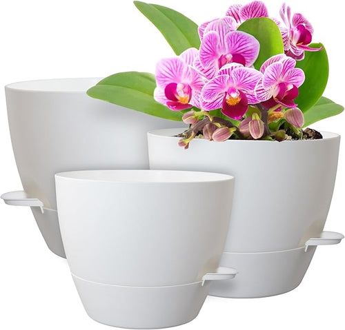 10/9/8 inch Medium Self Watering Pots, Plant Pots with Mesh Drainage Holes for Indoor Outdoor Garden Plants, Flower Pots with Removable Reservoir, Set of 3 Plastic Planters, White-Ruum Studio Home