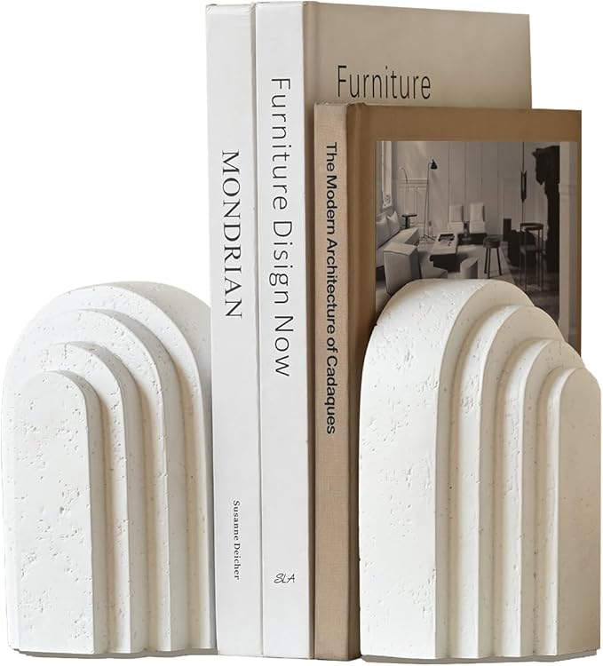 Decorative Bookends for Shelves, Set of 2 Book Ends for Heavy Books, Layered Arch Design White Bookend-Ruum Studio Home