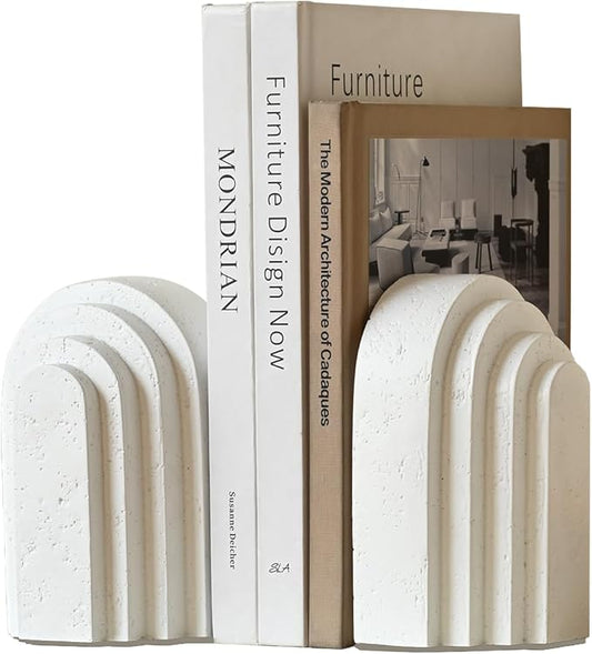 Decorative Bookends for Shelves, Set of 2 Book Ends for Heavy Books, Layered Arch Design White Bookend-Ruum Studio Home
