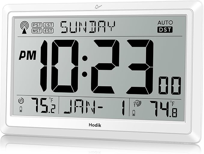 Wall Clock Atomic with Indoor Outdoor Temperature Battery Powered, Easy Reading with 10.5 Inch Large LCD Display, 330FT Range Table Wall Clock with DST, 12/24 Hour for Living Room Kitchen (White)-Ruum Studio Home