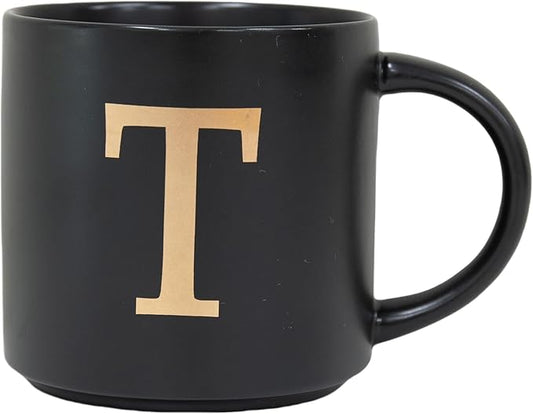 COLLECTIVE HOME - Monogram Ceramic Mugs, 15 oz Golden Initial Black Coffee Cups, Elegant Alphabet Tea Mugs, Elegant Personalized Mug with Gift Box, Unique Mug with Double Side Capital Lette (T)-Ruum Studio Home