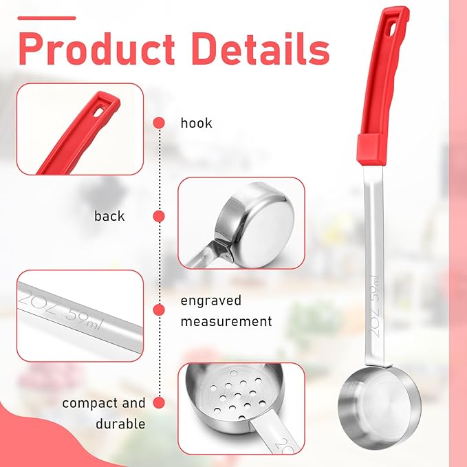 16 Pcs Portion Control Serving Spoons, Restaurant Measuring Serving Ladle Utensils, Portion Control Slotted Scoops for Weight Loss, Solid and Perforated Scoops(Red,2 oz)-Ruum Studio Home