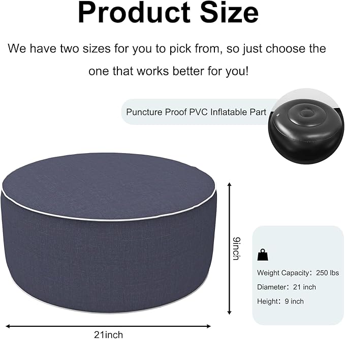 Inflatable Ottoman Stool D21 xH9 for Outdoor/Indoor Use, Water Repellent Patio Foot Rest Stool with Portable Handle,Round Pouf Ottoman Suitable for Garden,Deck and Camping - Textured Navy-Ruum Studio Home