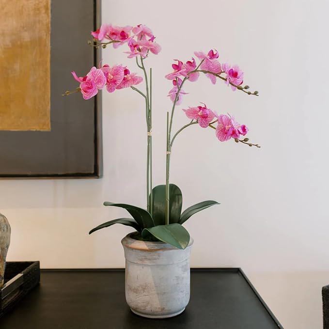 Faux Pink Orchid Plant, Premium Artificial Indoor Flower Display Stands 24”, Beautiful Sculptural Blooms That Lasts Forever, Grey Planter Pot Included-Ruum Studio Home