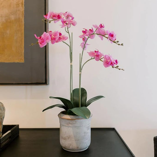 Faux Pink Orchid Plant, Premium Artificial Indoor Flower Display Stands 24”, Beautiful Sculptural Blooms That Lasts Forever, Grey Planter Pot Included-Ruum Studio Home