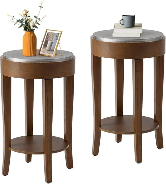 COSIEST Set of 2 Farmhouse Round End Table, 2-Tier Classic Brown Side Table, Wood Accent Table with Storage Shelf for Living Room, Bedroom, Office, Distressed Glaze Finish (Brown & Silver)-Ruum Studio Home