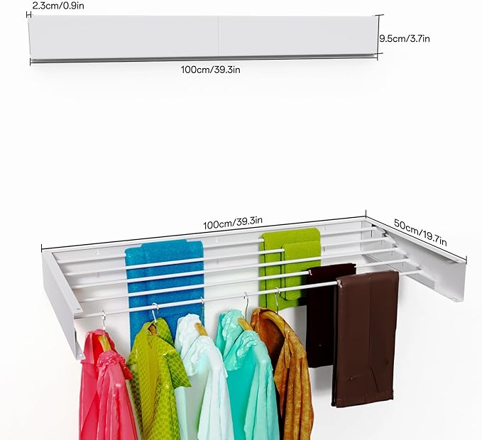 Wall Mounted Drying Rack for Laundry 40'', Folding Drying Rack Clothing Wall Mount with 5 Rods, Space Saving for Indoor Outdoor Bathroom Balcony (White, 40'')-Ruum Studio Home