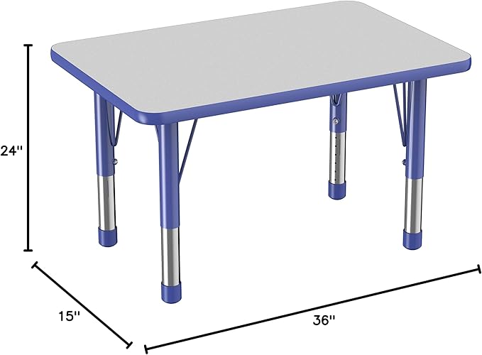 FDP Rectangle Activity School and Classroom Kids Table (24 x 36 inch), Chunky Toddler Leg, Adjustable Height 15-24 inches - Gray Top and Blue Edge-Ruum Studio Home