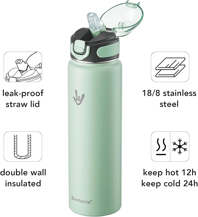 Enerbone 32 oz Insulated Water Bottle, Stainless Steel Bottle with Carrying Strap, Double-Wall Vacuum Insulation Design, Leakproof Sports Bottle with Straw, Keep Drinks Cold or Hot for Hours-Ruum Studio Home