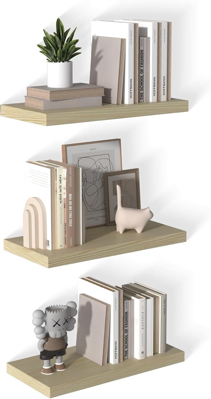 12 Inch Deep Floating Shelves for Wall 3 Pack Floating Shelves Large Storage Space Wall Mount Shelf for Living Room Kitchen Bathroom 24" W x 12" D x 1.2" H Oak-Ruum Studio Home